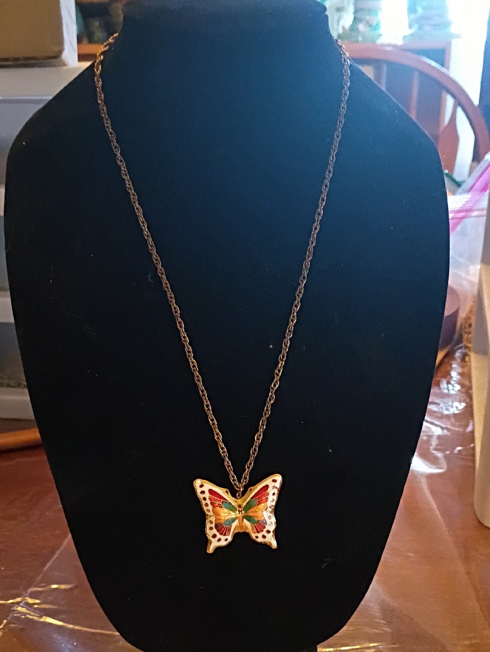Gold Butterfly Pendant Necklace with Multicolor Enamel